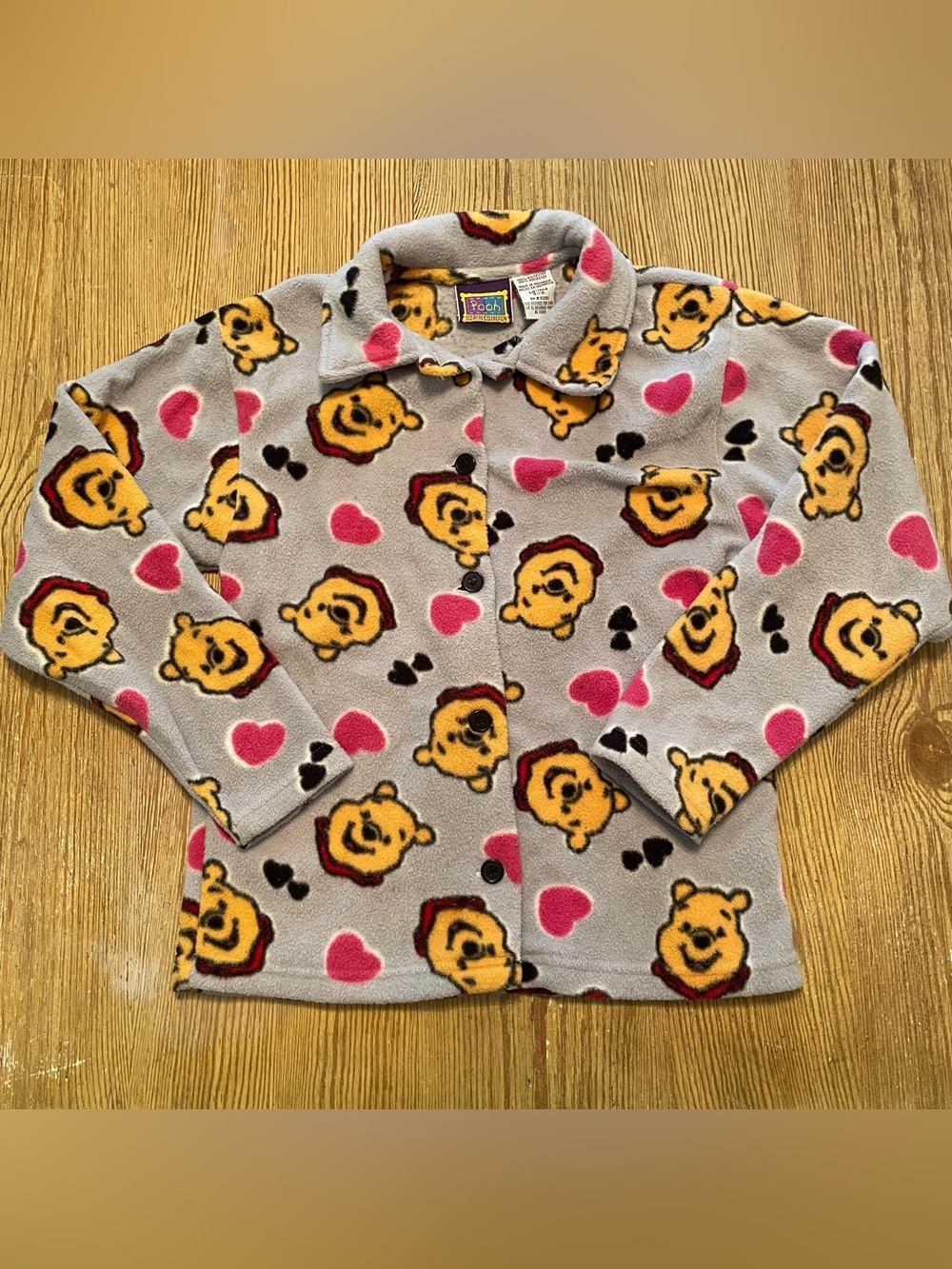 Vintage 90s Y2K Winnie the Pooh Fleece Button-Up Jacket in Gray & Pink 6/7